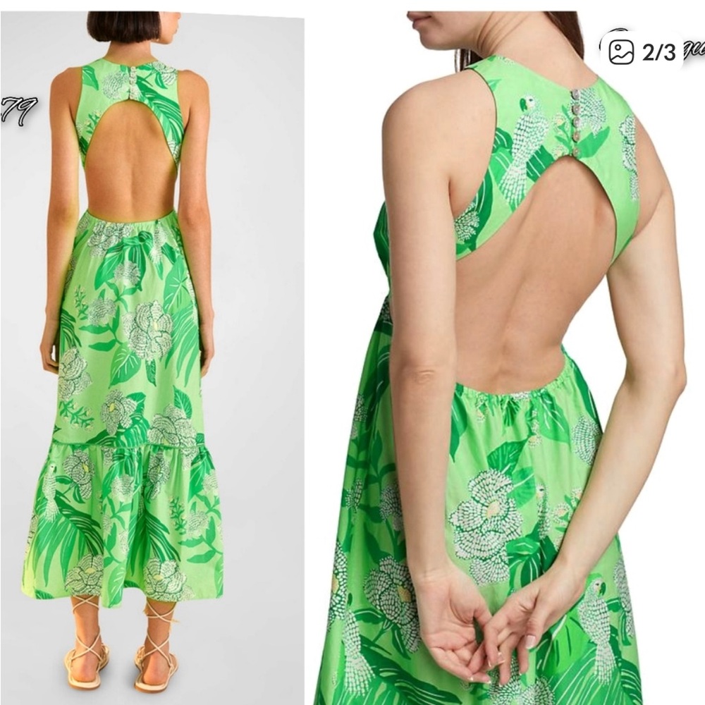 FARM Rio Lime Green Floral Cutout-Back Tiered Midi Dress